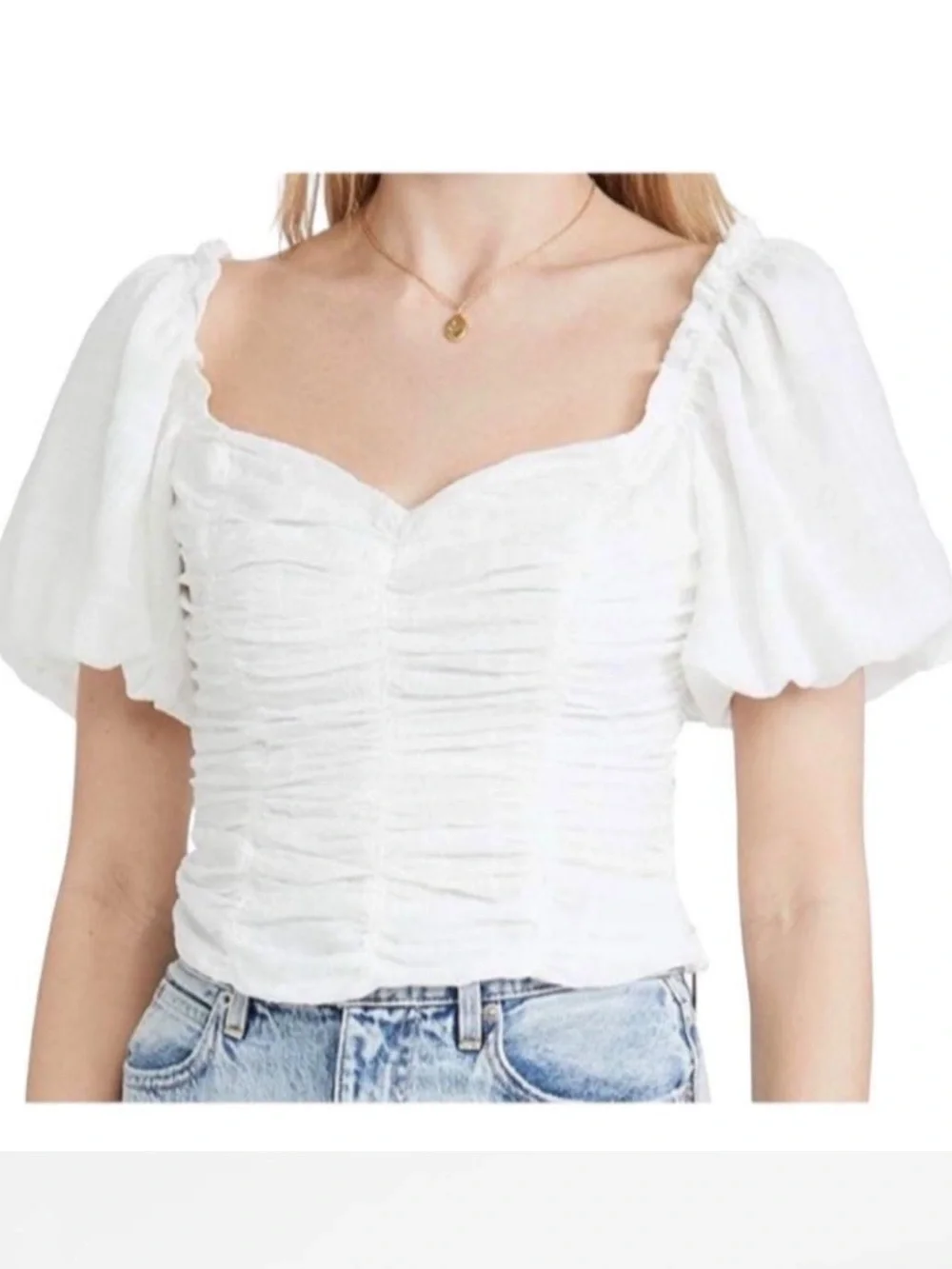 Astr White Ruched Sweetheart Puff-Sleeve Top
